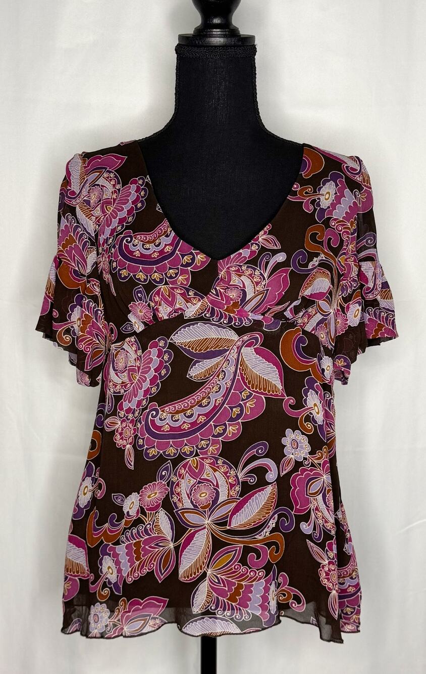 Womens Trina Turk 100% Silk Blouse Size L Vibrant Resort Vacation Palm Springs